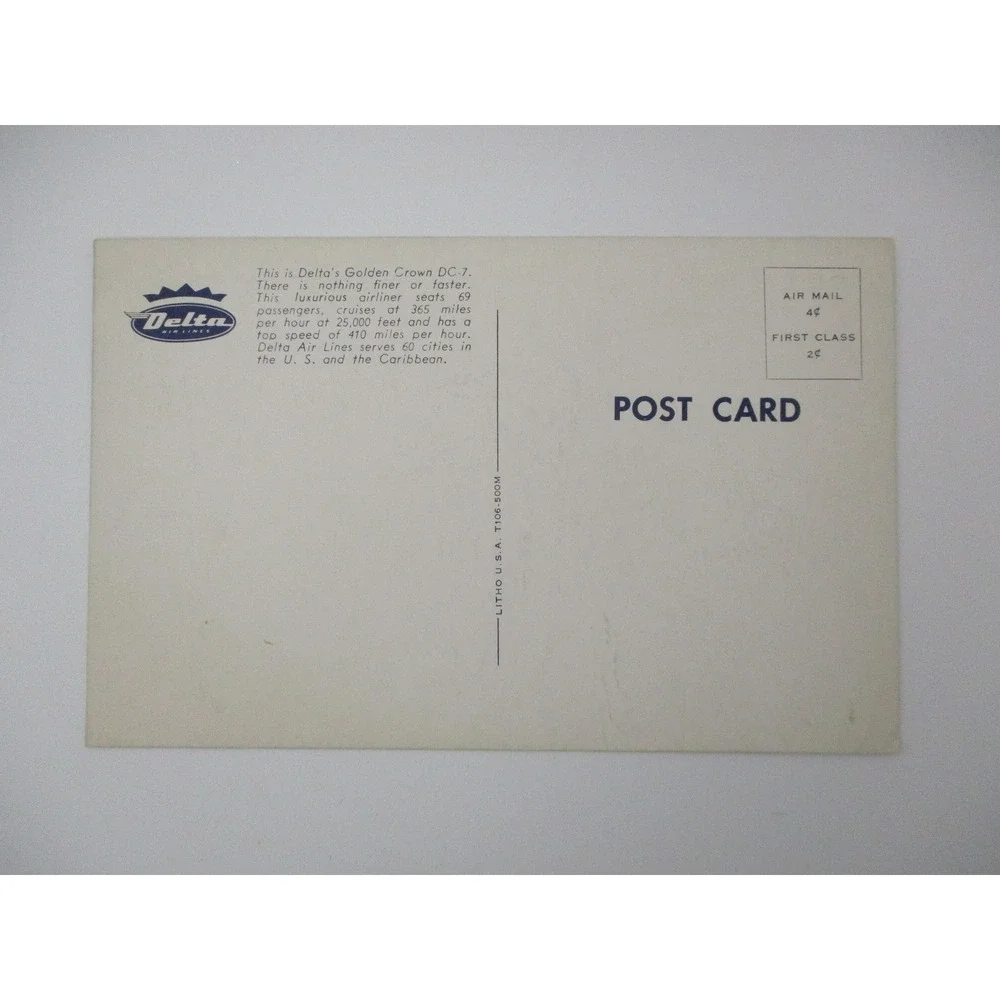 Vintage Delta Air Lines Golden Crown DC-7‎ Postcard Aviation Memorabilia Litho